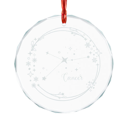 Cancer Constellation Crystal Glass Ornament by Spinsterly Co, faceted crystal circle with red satin ribbon