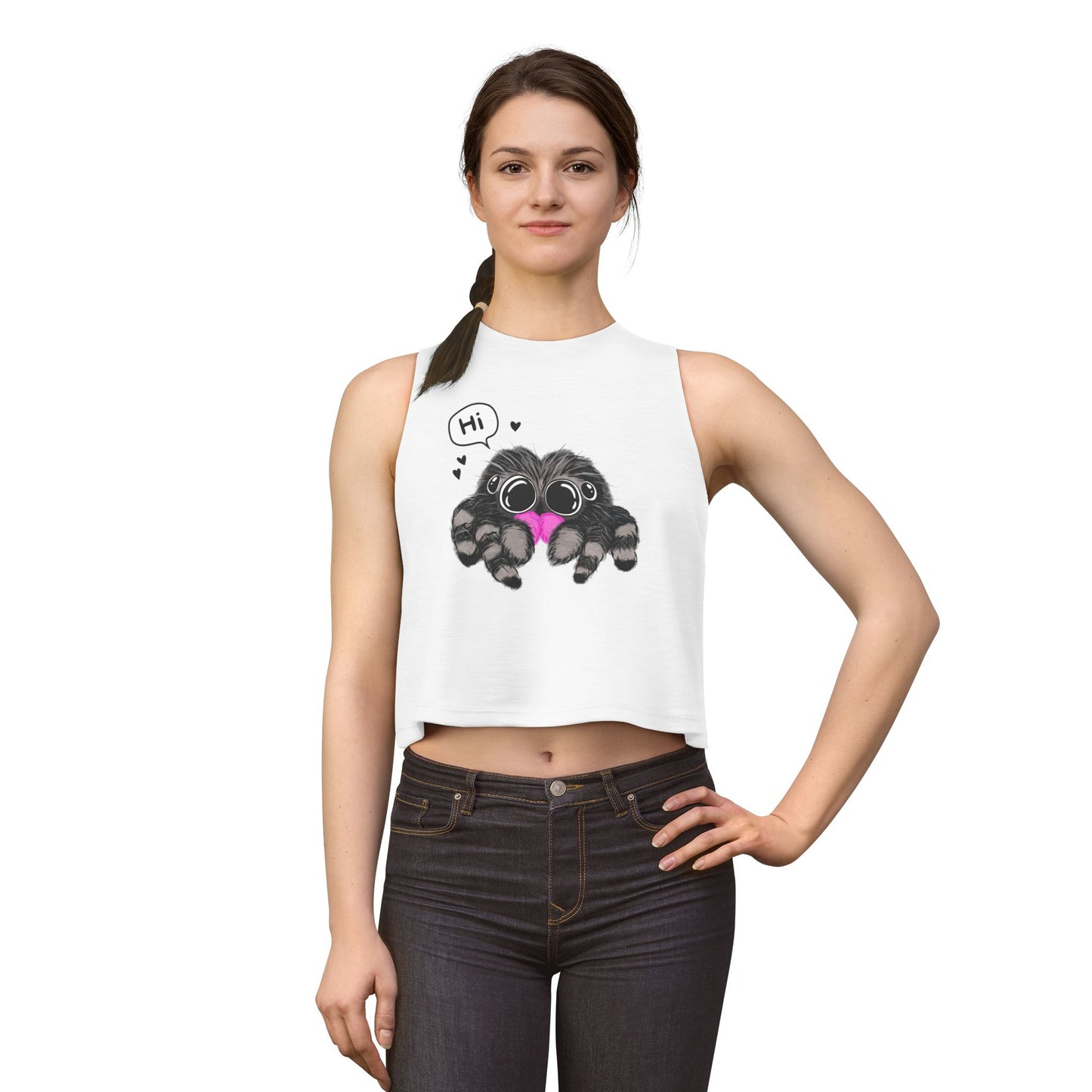 Cute Spider Crop Top Jumping Spider Hi graphic by Spinsterly Co white cropped tank with relaxed rounded hem