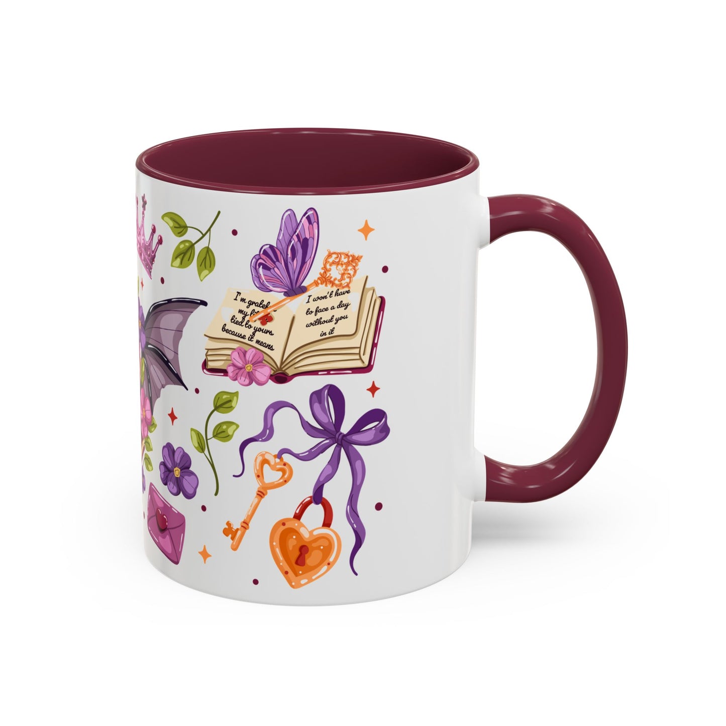 Winged Dagger Crown Romantasy Collage Coffee Mug by Spinsterly Co in Maroon with full wrap ceramic design