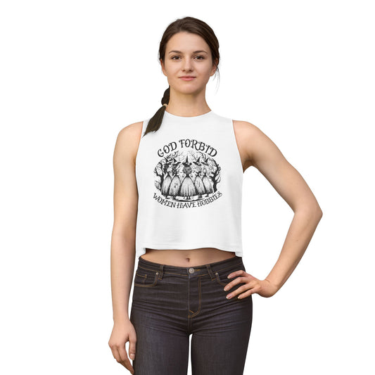 God Forbid Women Have Hobbies Crop Top by Spinsterly Co in Solid White Blend with vintage-style witch graphic