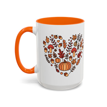 Fall Coffee Mug – Pumpkin & Mushroom Heart, Orange Accent