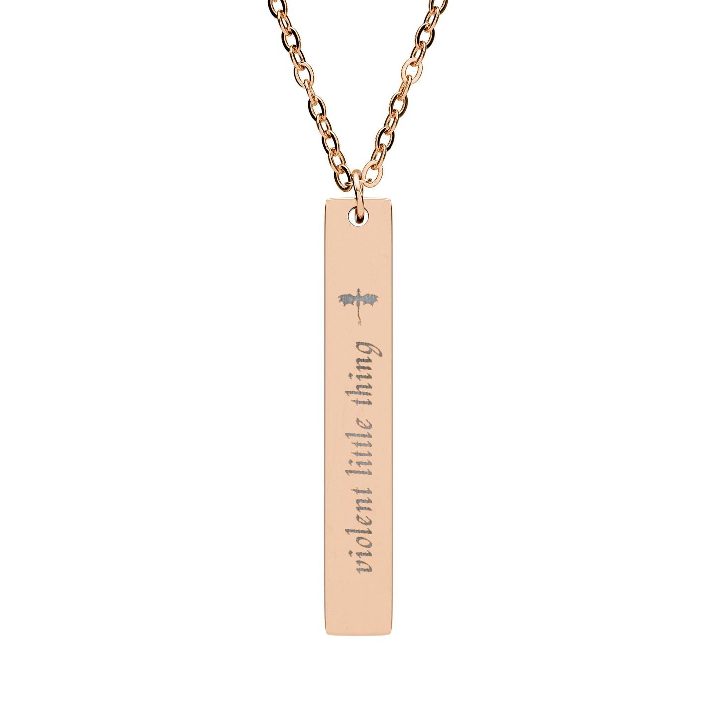 Violent Little Thing Dragon Engraved Vertical Bar Necklace by Spinsterly Co in black PVD coating with dragon silhouette