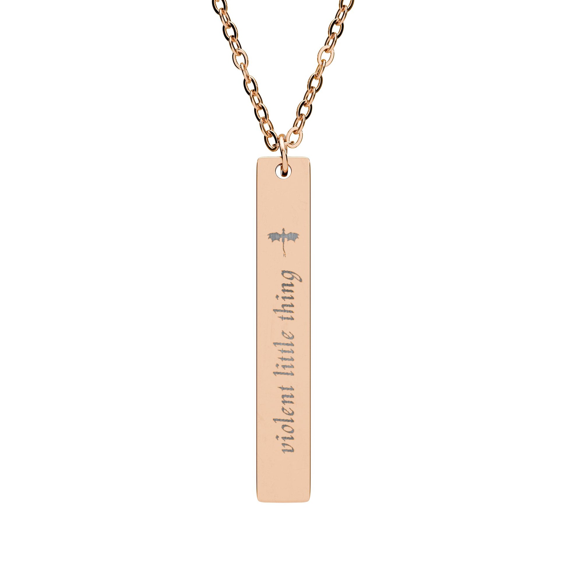 Violent Little Thing Dragon Engraved Vertical Bar Necklace by Spinsterly Co in black PVD coating with dragon silhouette