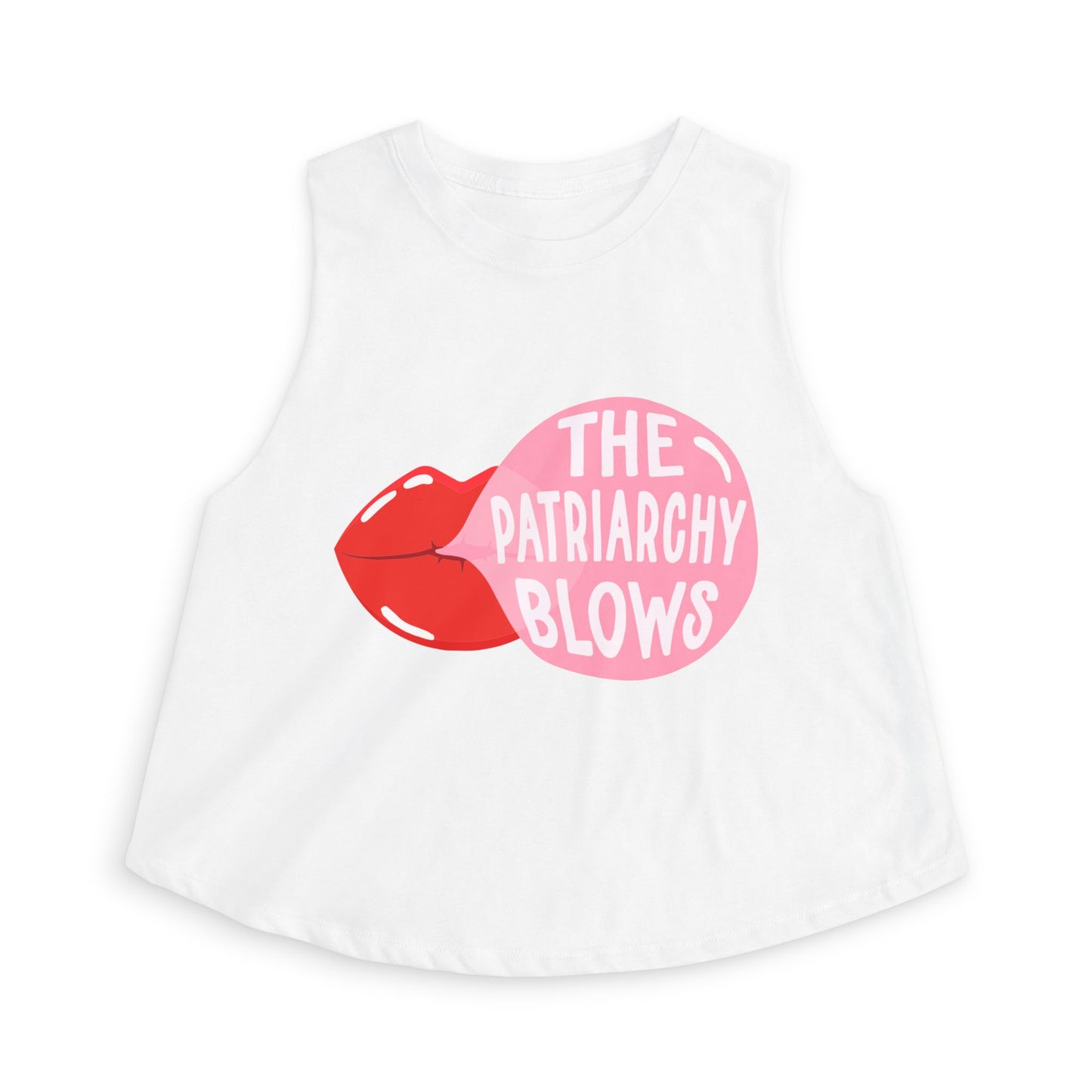 The Patriarchy Blows Crop Top by Spinsterly Co, white women's graphic crop top with pink and red print