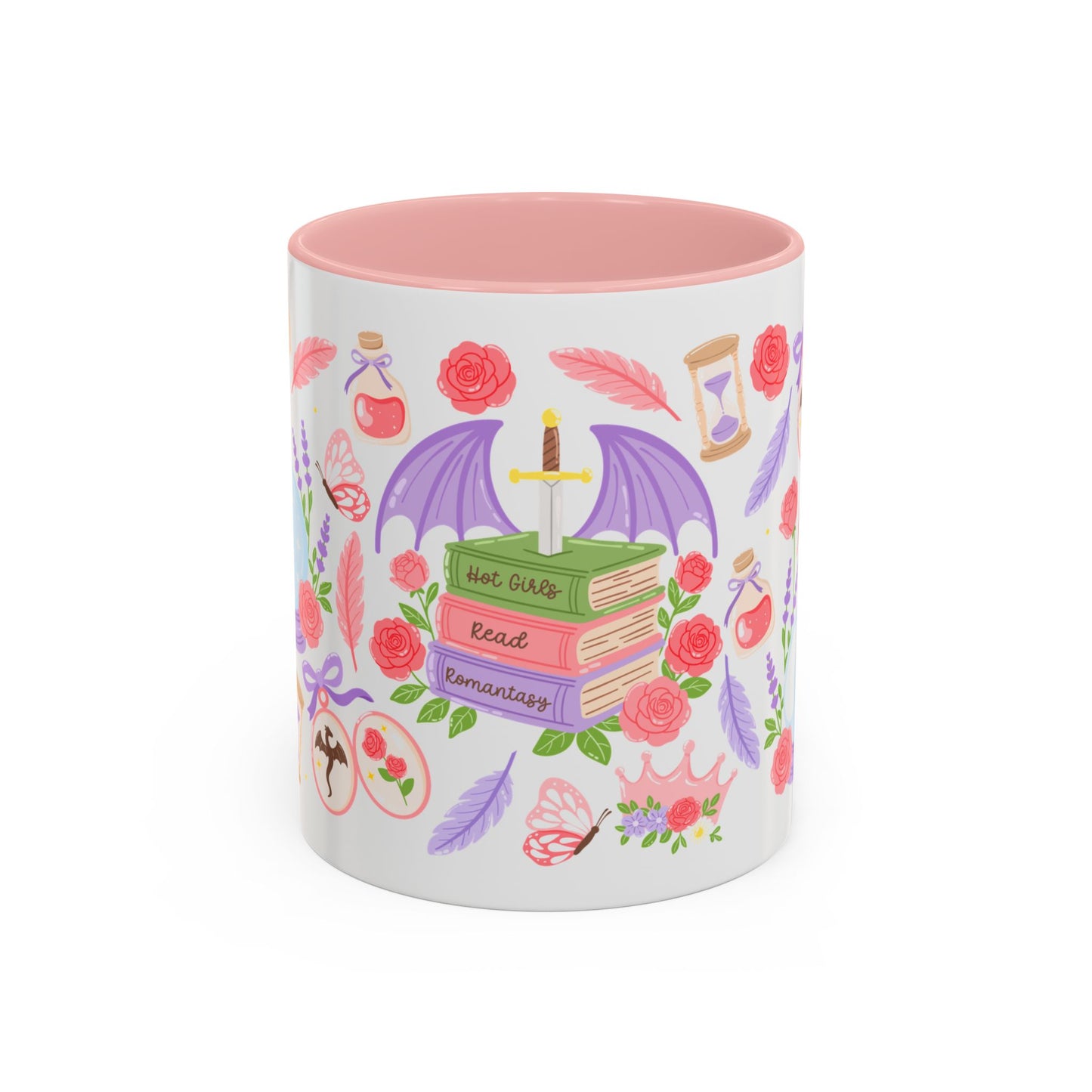 Hot Girls Read Romantasy Accent Coffee Mug Spinsterly Co pink glossy ceramic mug with full-wrap illustration