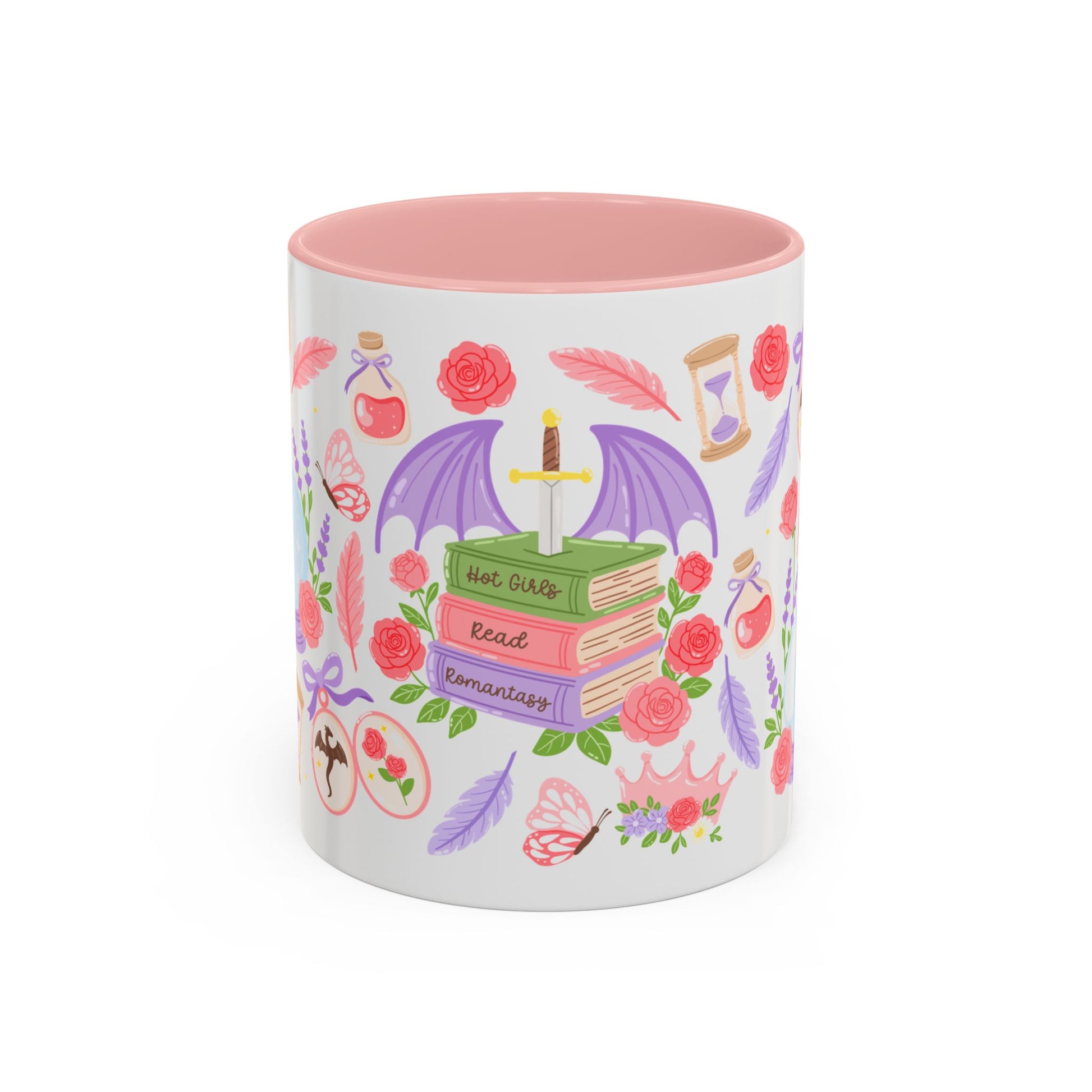 Hot Girls Read Romantasy Accent Coffee Mug Spinsterly Co pink glossy ceramic mug with full-wrap illustration