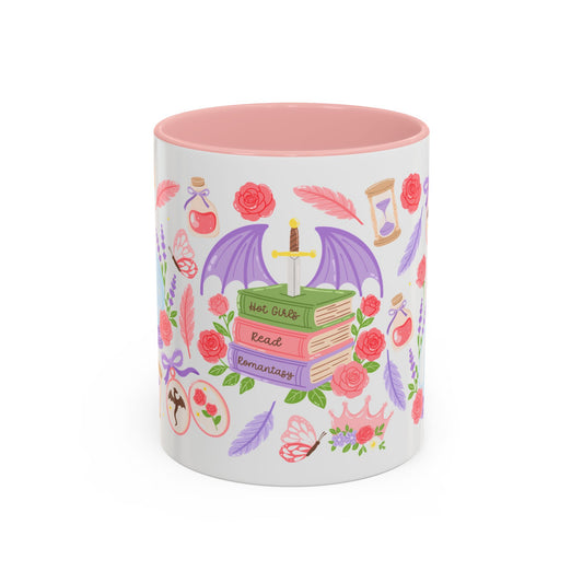 Hot Girls Read Romantasy Accent Coffee Mug Spinsterly Co pink glossy ceramic mug with full-wrap illustration