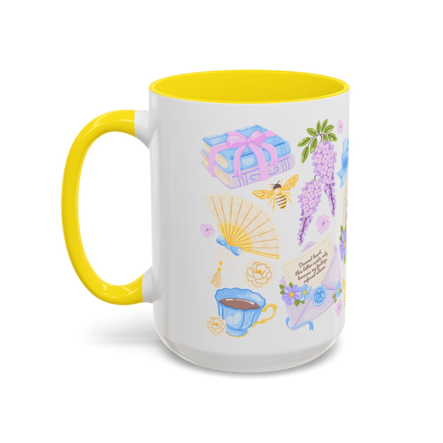 Darling Keep Blooming Regency Tea Party Accent Coffee Mug by Spinsterly Co in Yellow with glossy regency watercolor