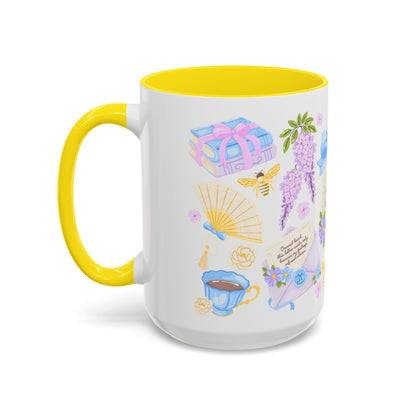 Darling Keep Blooming Regency Tea Party Accent Coffee Mug by Spinsterly Co in Yellow with glossy regency watercolor