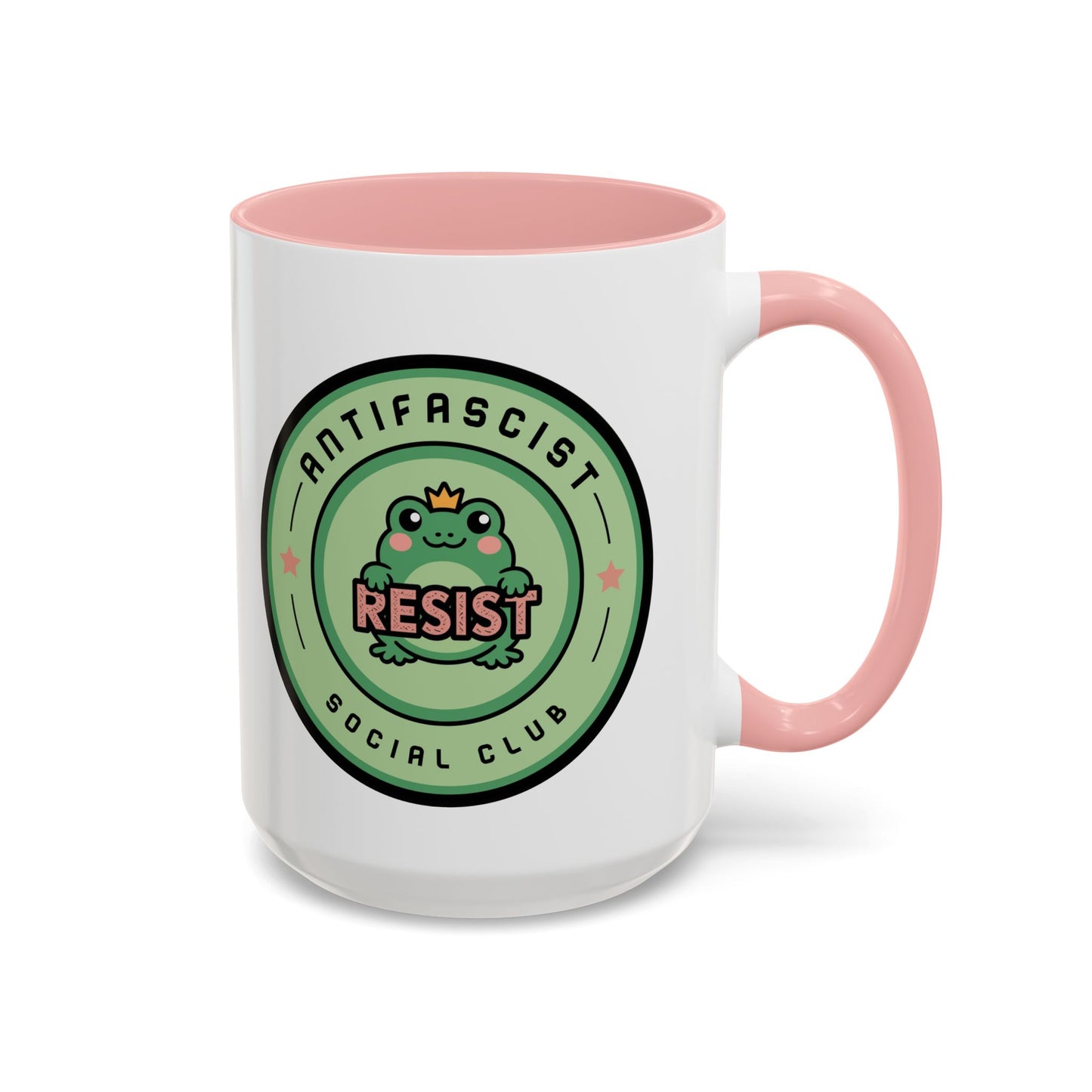 Antifascist Social Club Resist Accent Coffee Mug Kawaii Frog Political Mug by Spinsterly Co in Pink glossy ceramic