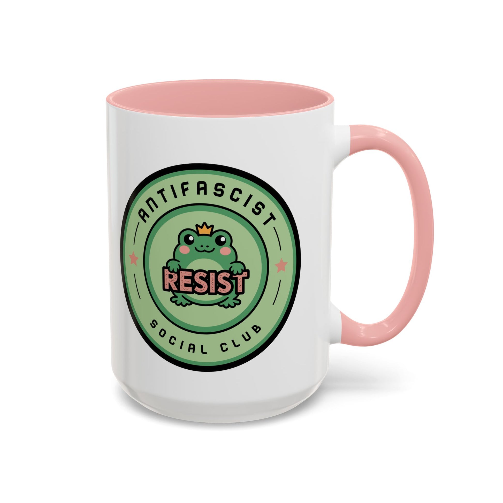 Antifascist Social Club Resist Accent Coffee Mug Kawaii Frog Political Mug by Spinsterly Co in Pink glossy ceramic