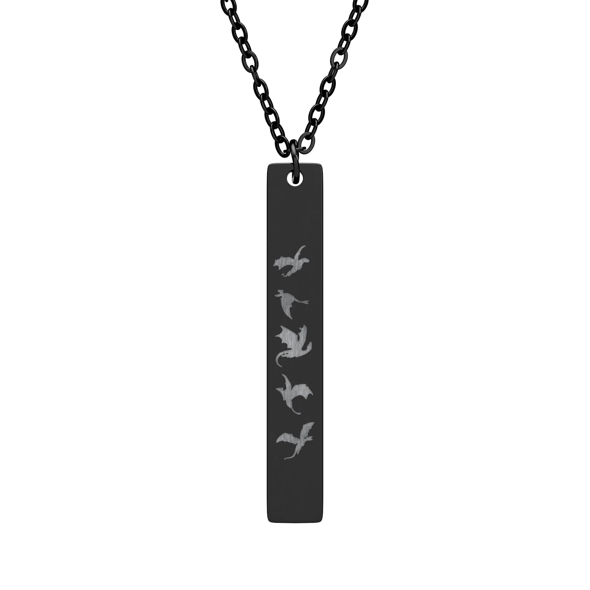 Five Dragons in Flight Engraved Vertical Bar Necklace by Spinsterly Co, black PVD bar with five dragon silhouettes