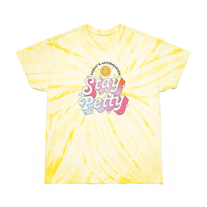Stay Petty Tie-Dye Graphic Tee Today's Affirmation Smiley Shirt by Spinsterly Co in Pale Yellow with retro arched graphic