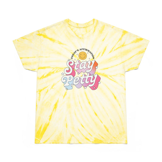 Stay Petty Tie-Dye Graphic Tee Today's Affirmation Smiley Shirt by Spinsterly Co in Pale Yellow with retro arched graphic