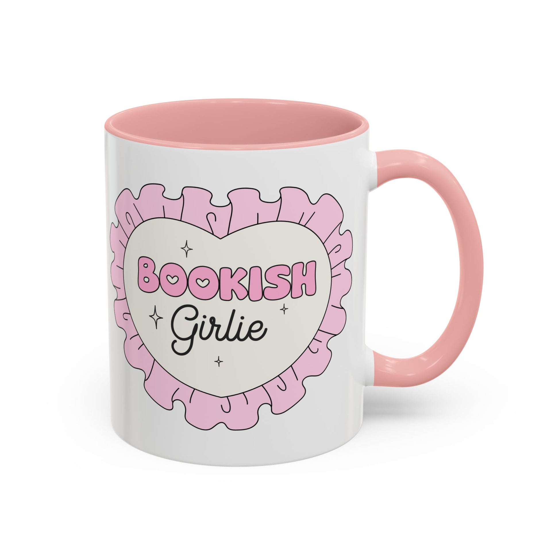 Bookish Girlie Retro Daisy Accent Coffee Mug Spinsterly Co pink glossy ceramic mug with daisy badge print