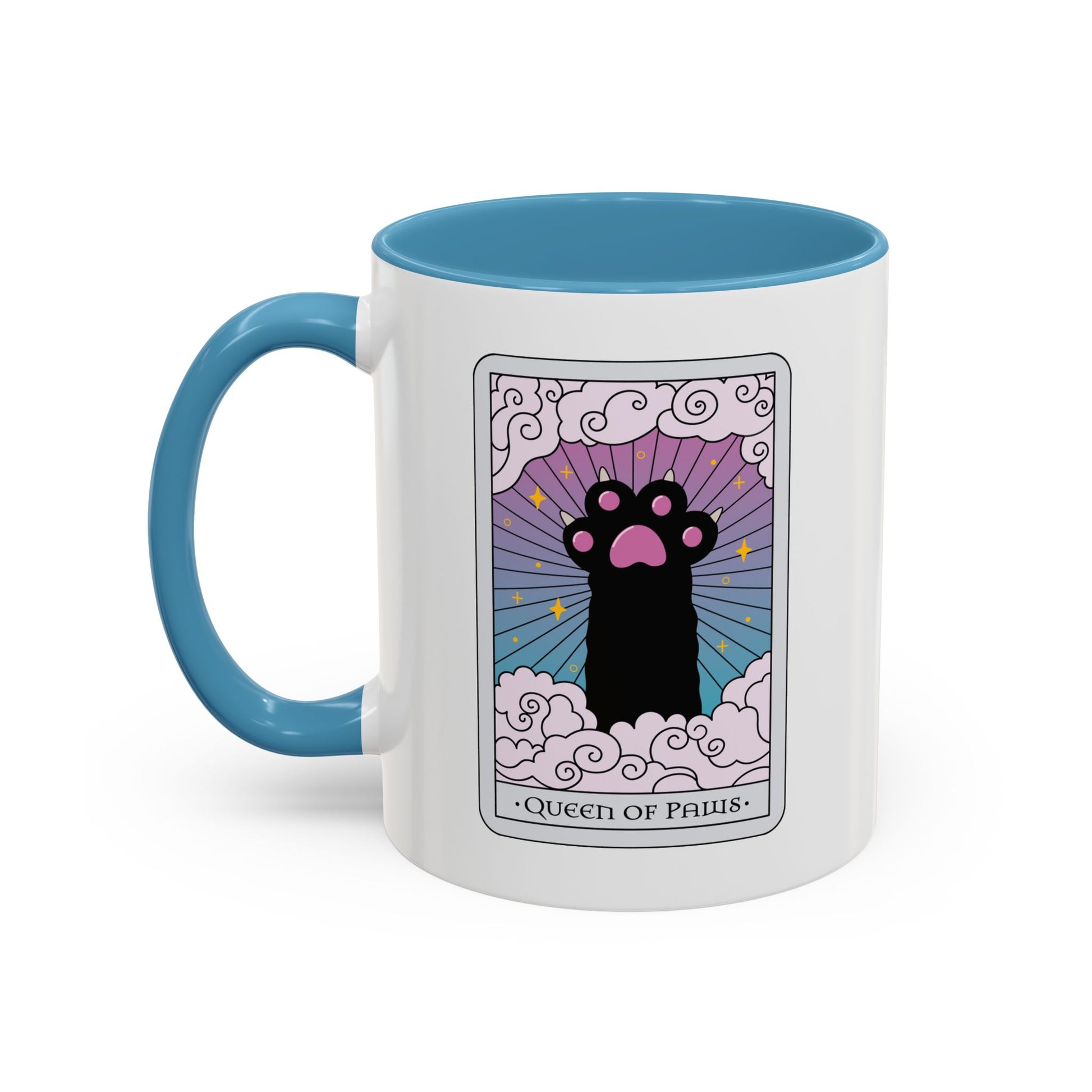 Queen of Paws Accent Coffee Mug by Spinsterly Co with light blue interior, glossy ceramic, tarot cat design