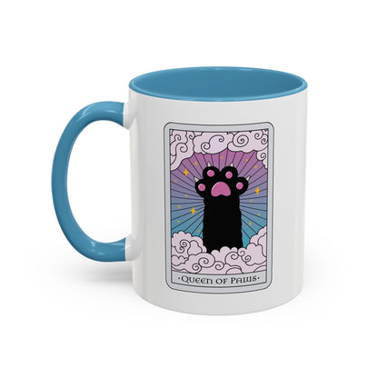 Queen of Paws Accent Coffee Mug by Spinsterly Co with light blue interior, glossy ceramic, tarot cat design