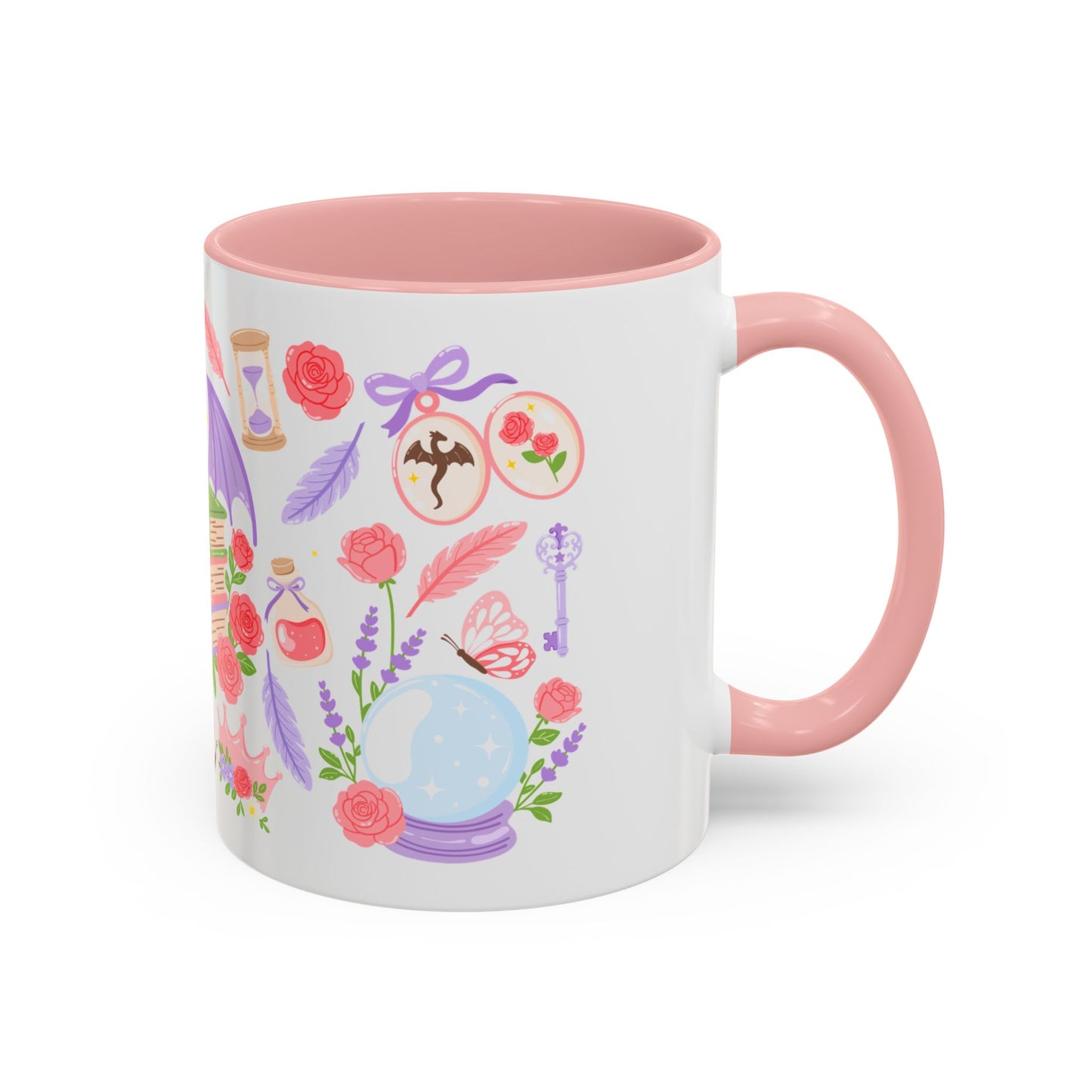 Hot Girls Read Romantasy Accent Coffee Mug Spinsterly Co Pink ceramic mug with full wrap dragon wings illustration