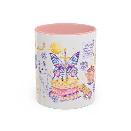 She Is Moonlight Fae Romantasy Collage Accent Coffee Mug Spinsterly Co pink ceramic mug with glossy watercolor full-wrap