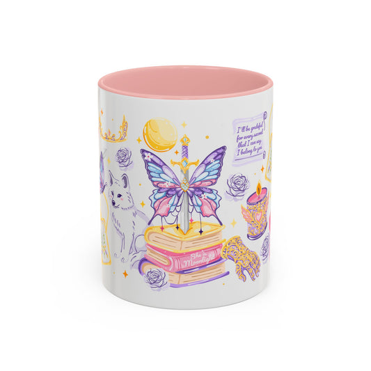 She Is Moonlight Fae Romantasy Collage Accent Coffee Mug Spinsterly Co pink ceramic mug with glossy watercolor full-wrap