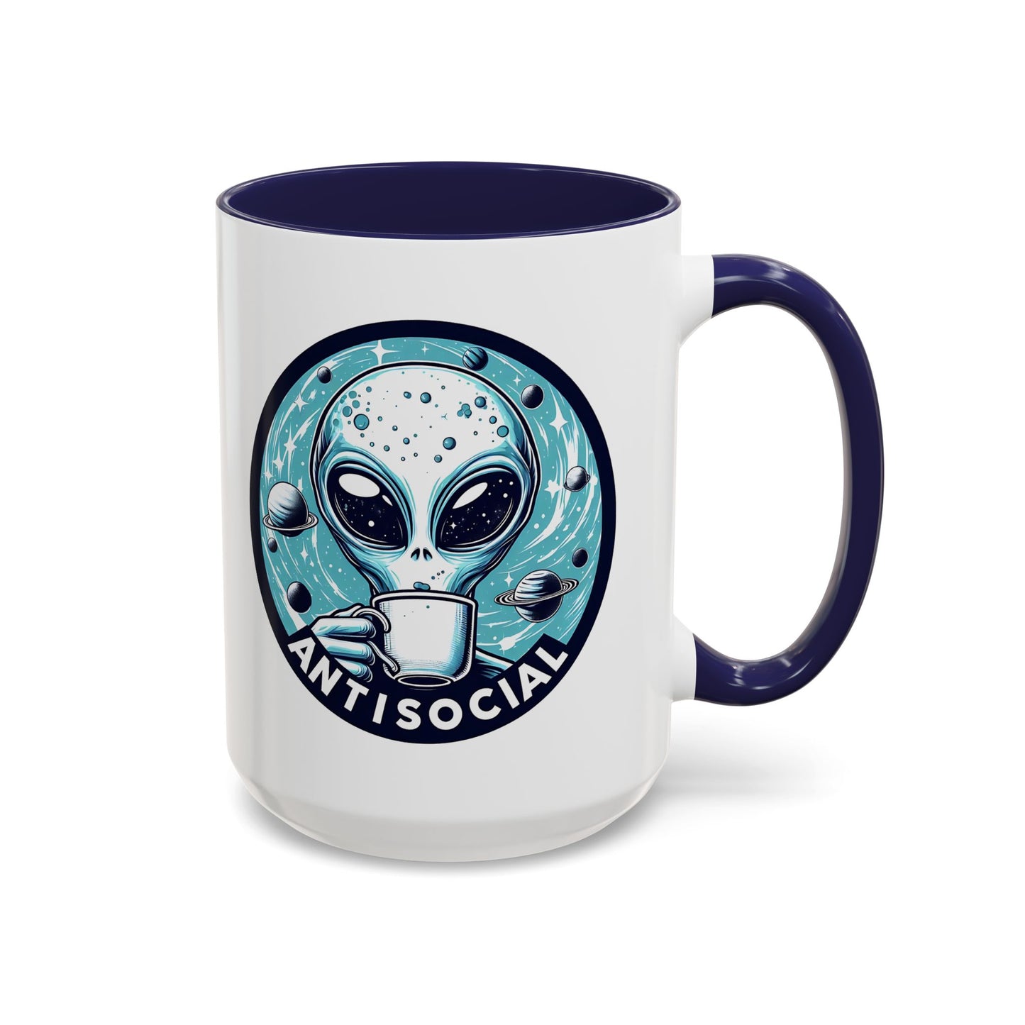 Antisocial Alien Coffee Retro Space Badge Accent Mug Spinsterly Co navy ceramic with glossy printed alien astronaut