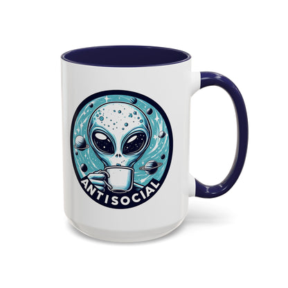 Antisocial Alien Coffee Retro Space Badge Accent Mug Spinsterly Co navy ceramic with glossy printed alien astronaut