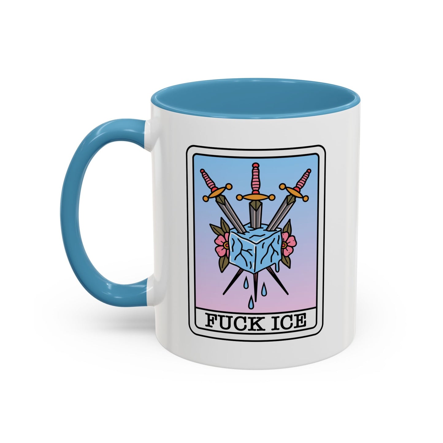 Fck Ice Accent Coffee Mug Tarot Swords Ice Cube Design by Spinsterly Co, Light Blue glossy ceramic mug