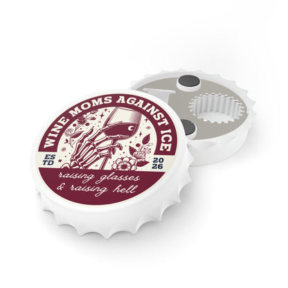 Wine Moms Against Ice Bottle Opener by Spinsterly Co, white bottle-cap opener with skeleton hand wine glass graphic
