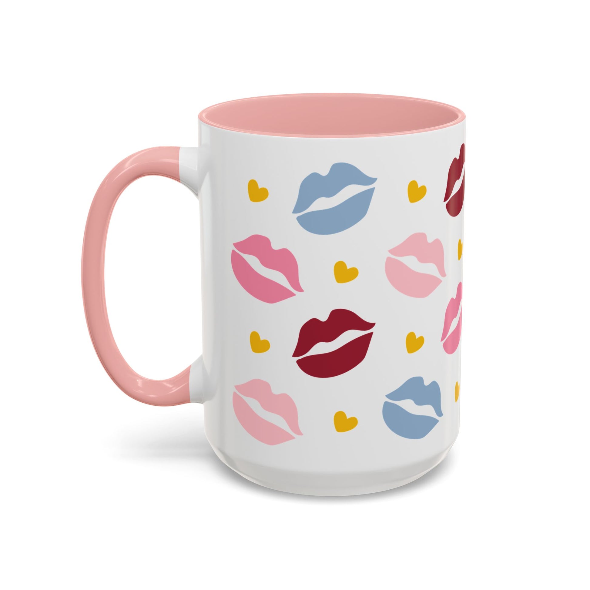 Lips Hearts Kiss Pattern Accent Coffee Mug Spinsterly Co pink ceramic mug with glossy full-wrap kiss design