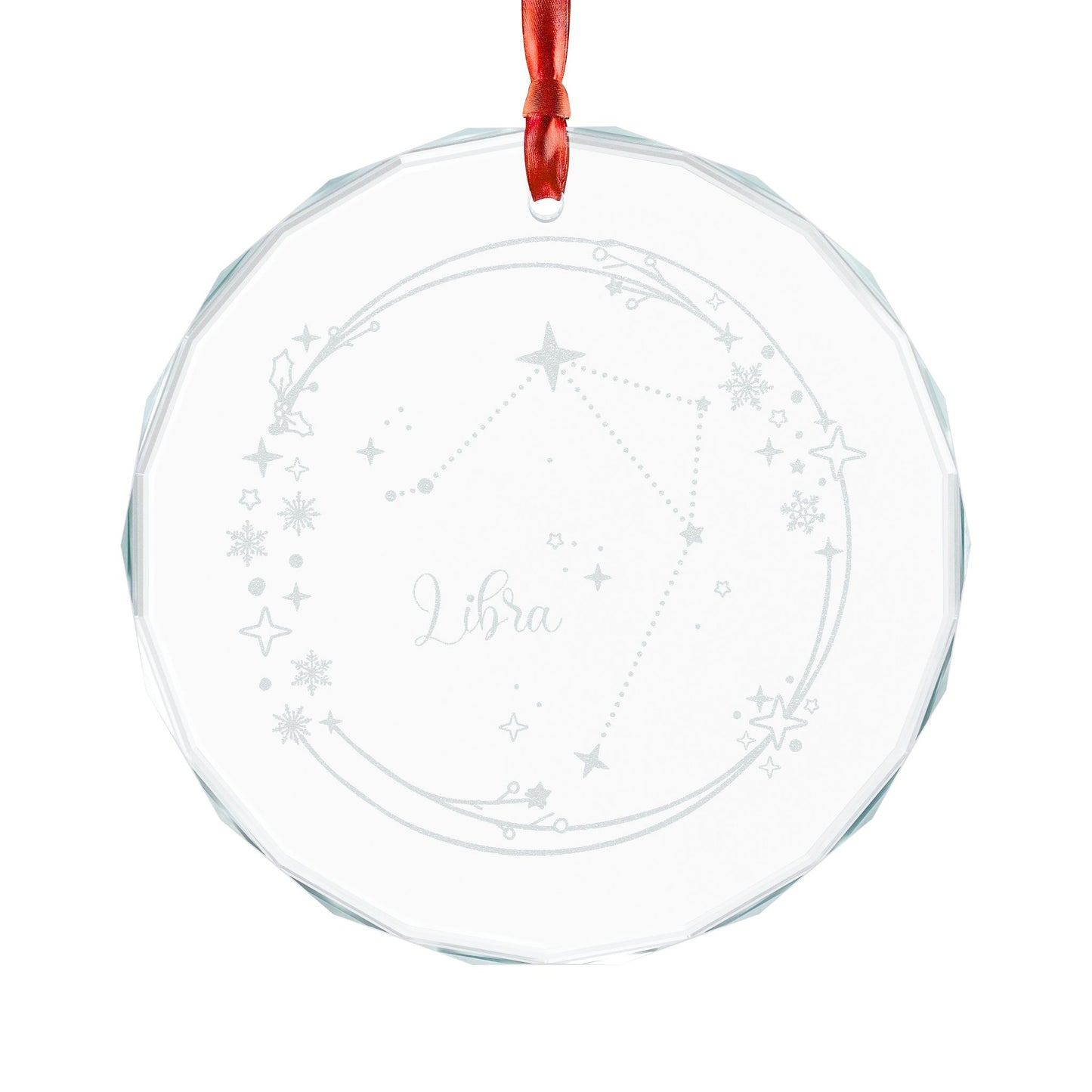 Libra Constellation Crystal Glass Ornament Engraved Zodiac Star Map Gift by Spinsterly Co, faceted clear circle