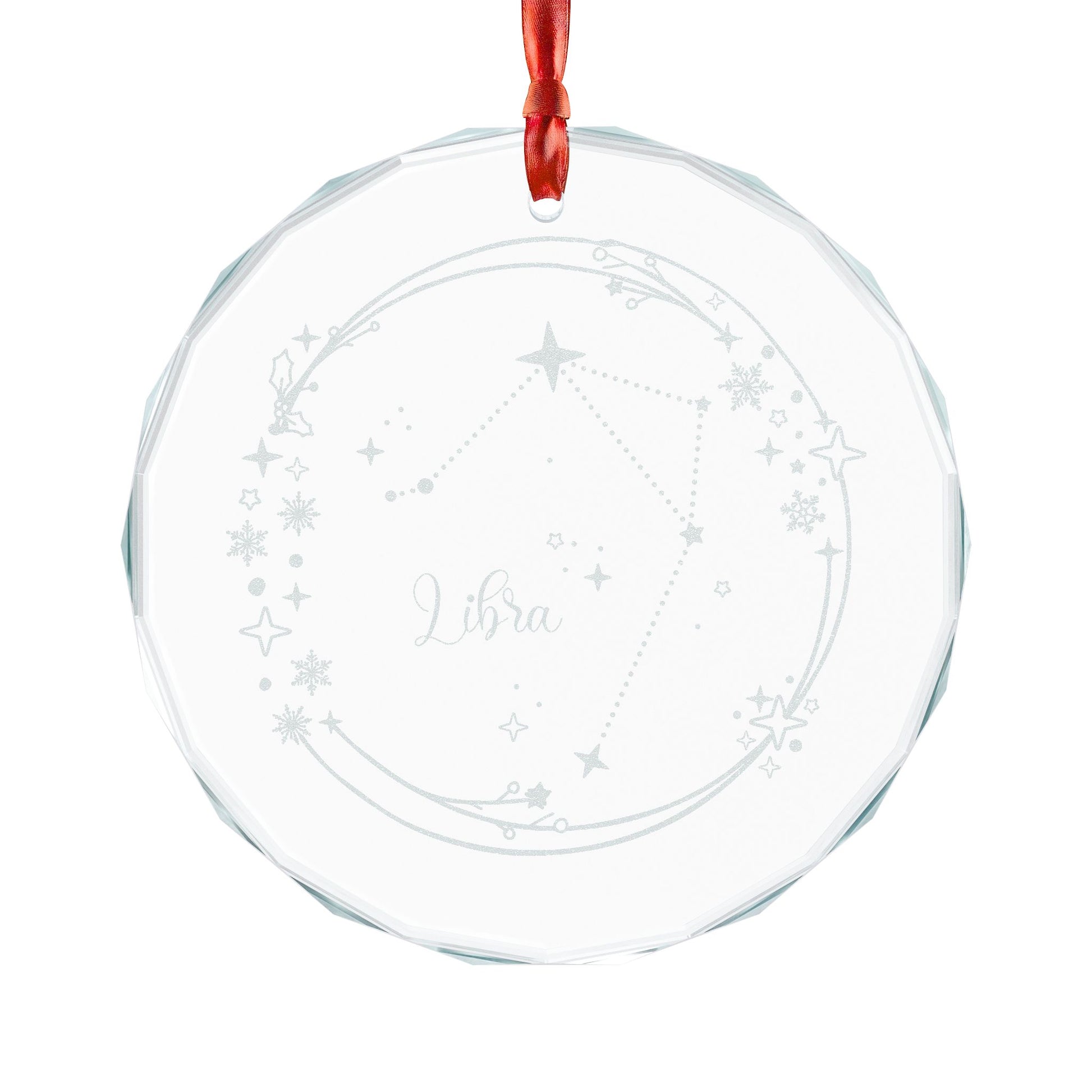 Libra Constellation Crystal Glass Ornament Engraved Zodiac Star Map Gift by Spinsterly Co, faceted clear circle