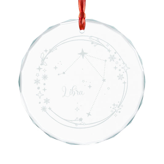 Libra Constellation Crystal Glass Ornament Engraved Zodiac Star Map Gift by Spinsterly Co, faceted clear circle