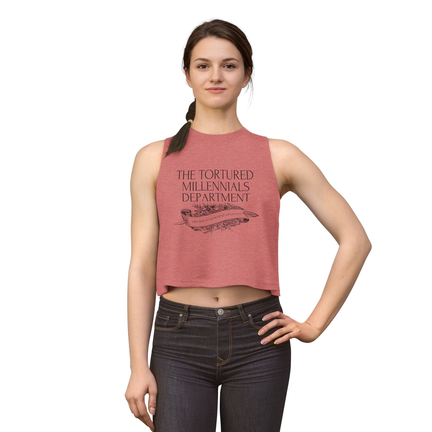 The Tortured Millennials Department Crop Top by Spinsterly Co in Heather Mauve with serif graphic typography