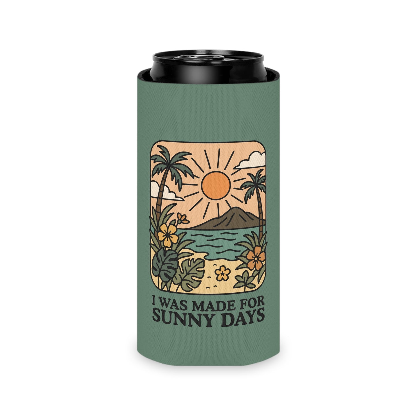 I Was Made for Sunny Days Can Cooler by Spinsterly Co can cooler in sage green with soft foam interior liner
