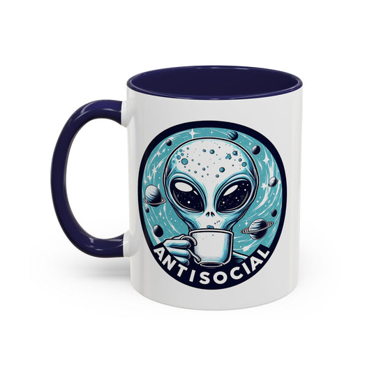 Antisocial Alien Coffee Retro Space Badge Accent Mug Spinsterly Co navy ceramic glossy finish with printed graphic