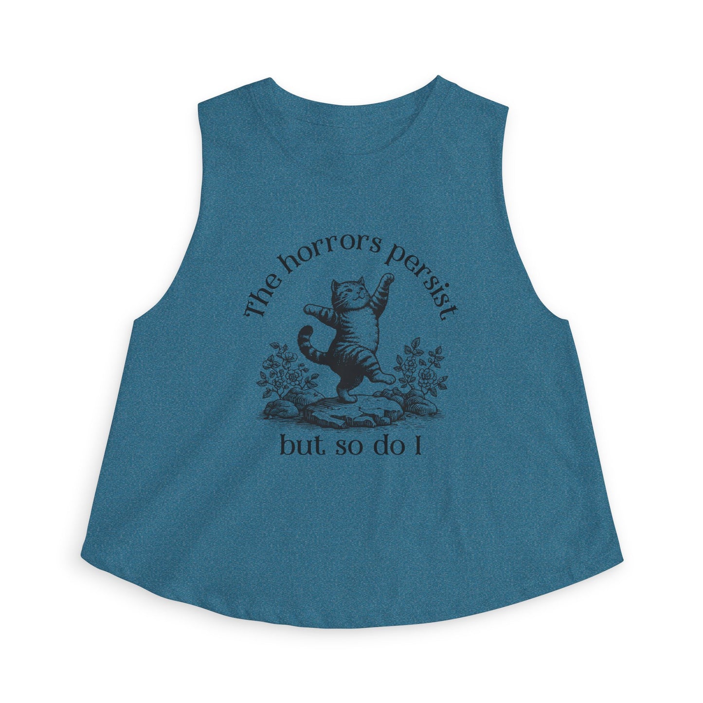 The Horrors Persist But So Do I Crop Top by Spinsterly Co womens cropped tank in Heather Deep Teal with dancing cat graphic