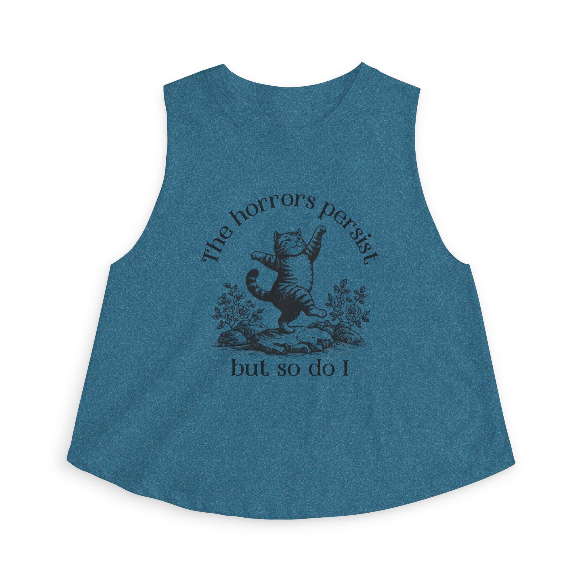 The Horrors Persist But So Do I Crop Top by Spinsterly Co womens cropped tank in Heather Deep Teal with dancing cat graphic