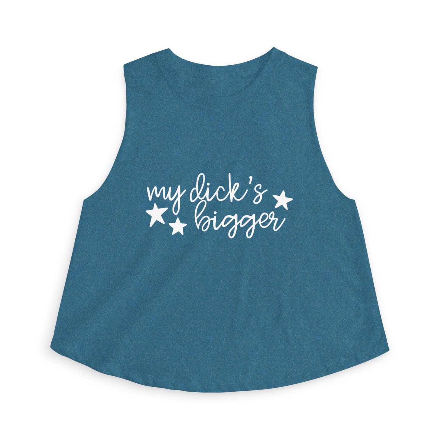 My Dck's Bigger Crop Top Funny Feminist Women's Cropped Tank by Spinsterly Co in Heather Deep Teal with star graphic