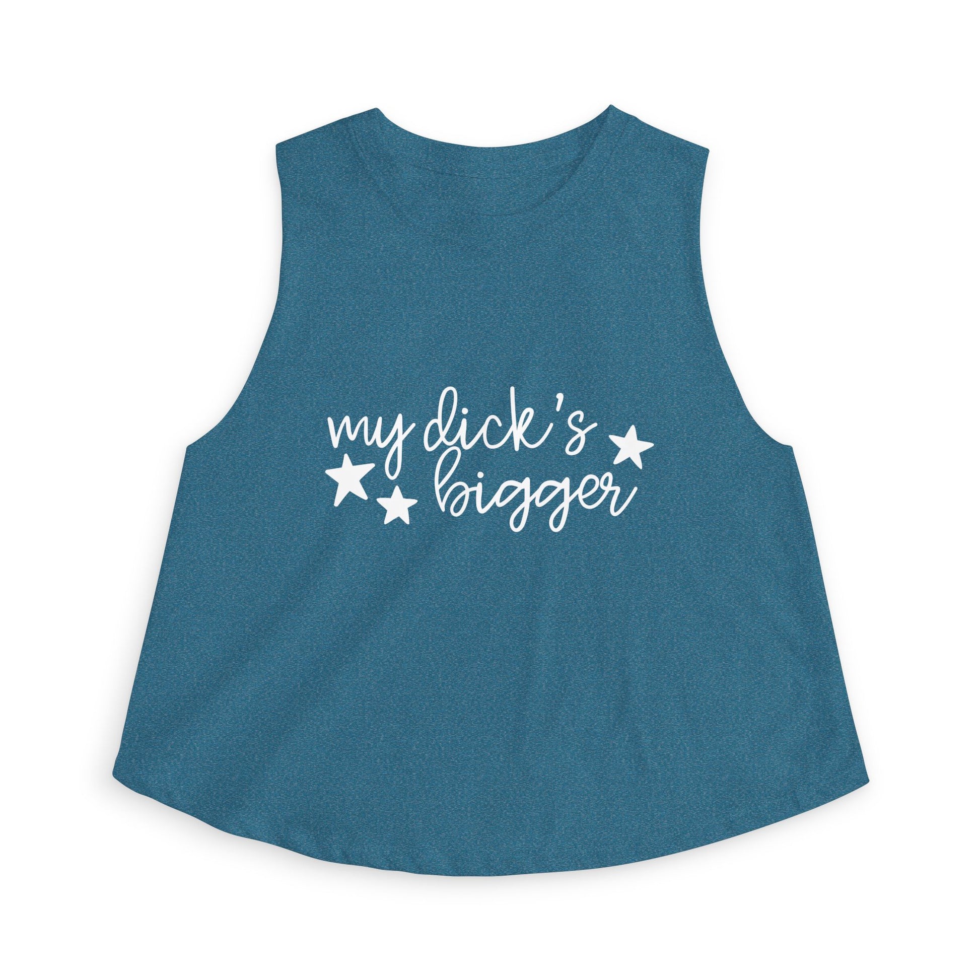 My Dck's Bigger Crop Top Funny Feminist Women's Cropped Tank by Spinsterly Co in Heather Deep Teal with star graphic