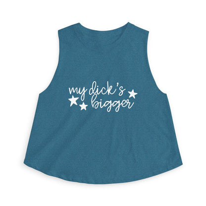 My Dck's Bigger Crop Top Funny Feminist Women's Cropped Tank by Spinsterly Co in Heather Deep Teal with star graphic