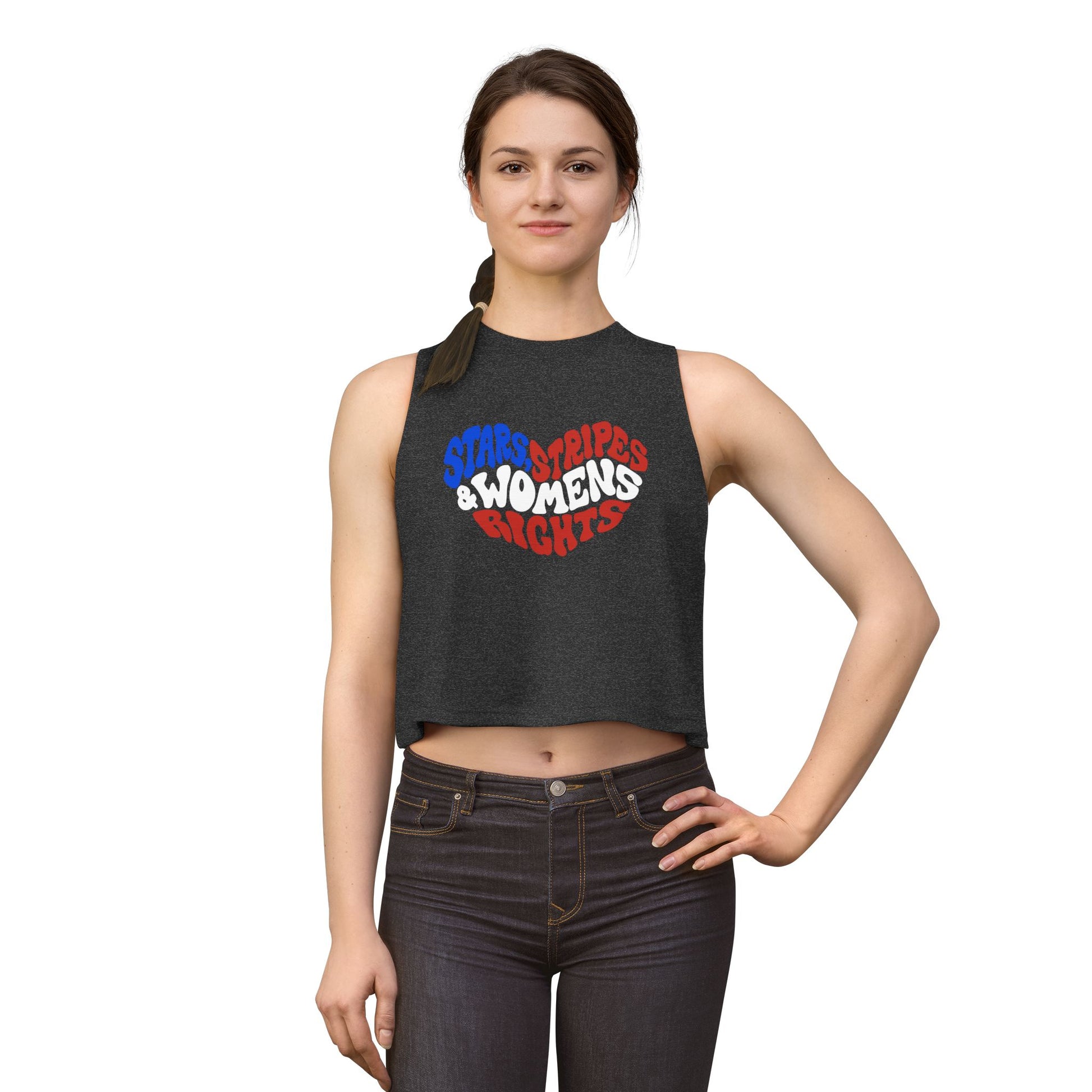 Stars, Stripes Women's Rights Crop Top by Spinsterly Co in Dark Grey Heather with activist graphic print
