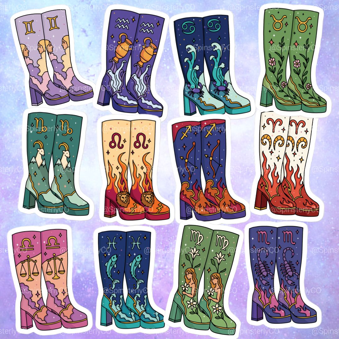 A grid of twelve colorful illustrated cowboy boots and tall boots, each decorated with different zodiac symbols and fantasy-style graphics, on a light purple background with faint watermark text.