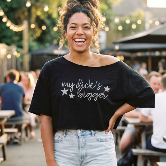 My Dick's Bigger Asymmetric Crop Tee | Embroidered Feminist Statement T-Shirt - Spinsterly Co