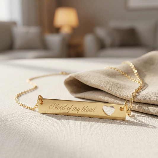 Blood of My Blood Engraved Bar Necklace Spinsterly Co gold bar necklace with cutout heart charm