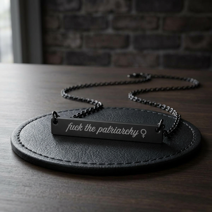 Fck the Patriarchy Engraved Bar Necklace by Spinsterly Co, black PVD stainless steel with Venus symbol