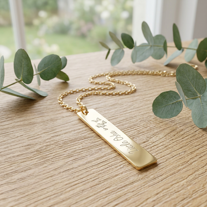 Little Osha Butterfly Engraved Vertical Bar Necklace by Spinsterly in 18K Gold PVD, script and three butterflies
