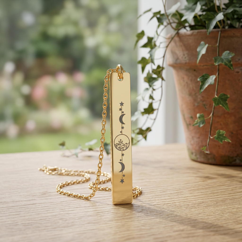 Starlight City Vertical Bar Necklace Spinsterly Co engraved bar pendant in 18K Gold PVD with celestial starlight city