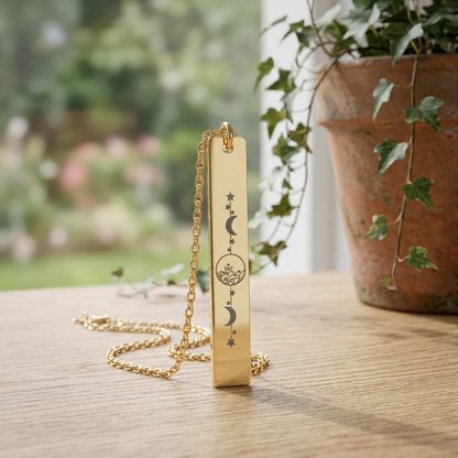 Starlight City Vertical Bar Necklace Spinsterly Co engraved bar pendant in 18K Gold PVD with celestial starlight city