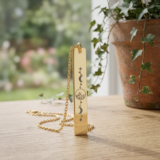 Starlight City Vertical Bar Necklace Spinsterly Co engraved bar pendant in 18K Gold PVD with celestial starlight city