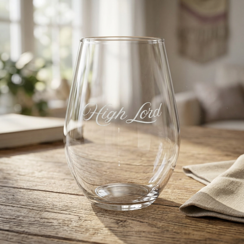 A clear stemless wine glass with the words 'High Lord' etched on the front, sitting on a rustic wooden table in a softly blurred home setting.